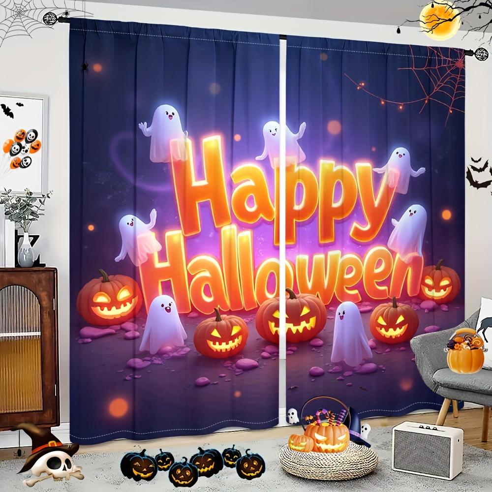 2pcs Halloween Pumpkin Curtains - Rod Pocket Installation, Digital Print Technology, Polyester Material, Softens Light, Privacy