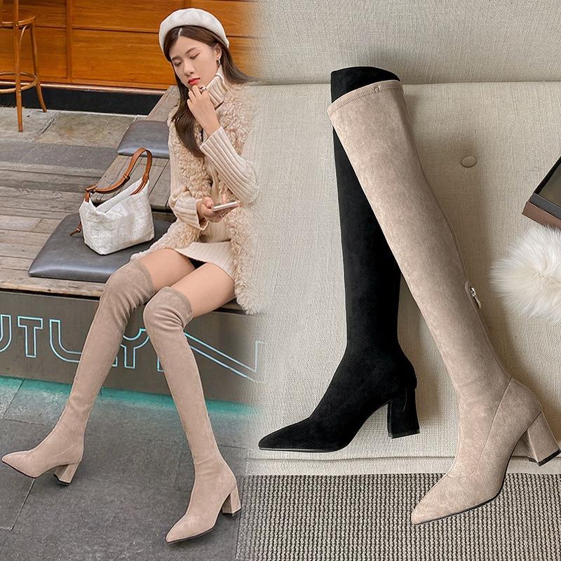 Boots Women's Elastic Boots Pointed High Heel Boots Women's Over-Knee Boots Suede High Boots Khaki