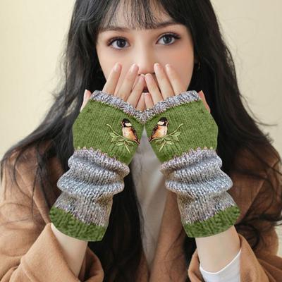 1 Pair Fall Winter Gloves Fingerless Knitted Bird Embroidery High Elasticity Non-slip Arm Warmers Colorblock Arm Sleeves Keep Warm Windproof