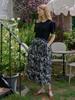 Avang Leaf Pattern Daily Shirring Dress - Black