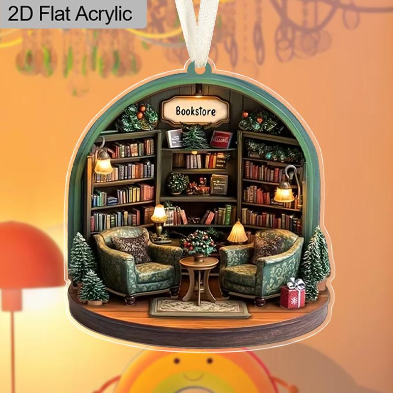 Ciondolo Scena Vintage Libreria in Acrilico per Amanti dei Libri Decorazione Stanza Accessorio Zaino Portachiavi Regali Stagione Ritorno a Scuola
