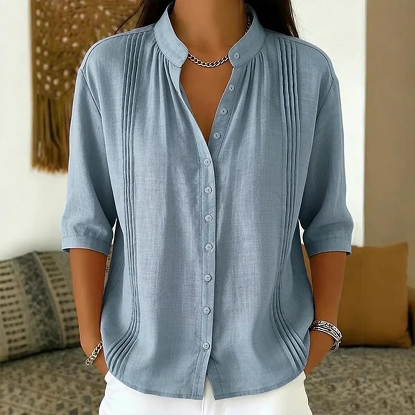 

Women Casual Denim Collar Spliced Linen Cotton Shirt Blouse Button Down Long Sleeve Lightweight Breathable Top M