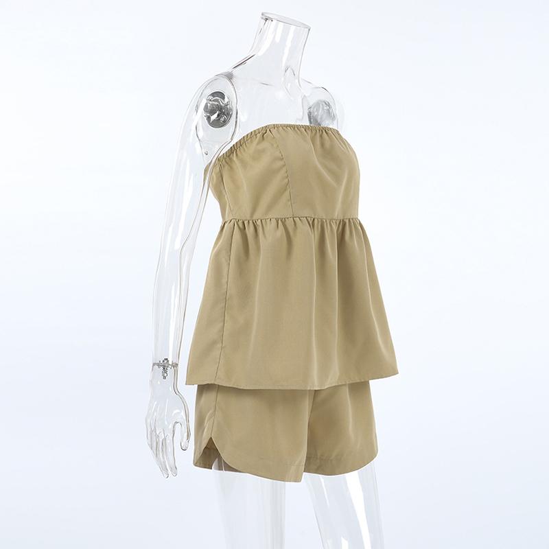 Summer Y2K Shorts Set Sexy Khaki Strapless Top High Waisted Wide Leg Shorts Set for Women's Summer Elegant Casual 2 Piece Sets