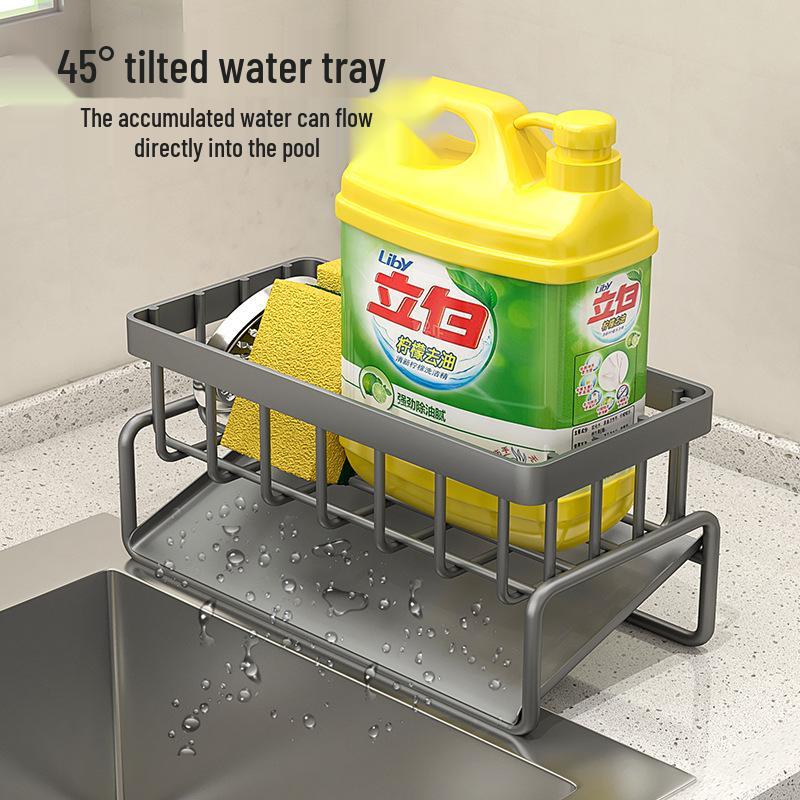 מתלה מארגן לכיור מטבח: אחסון מטליות, חומרי ניקוי וצמר פלדה