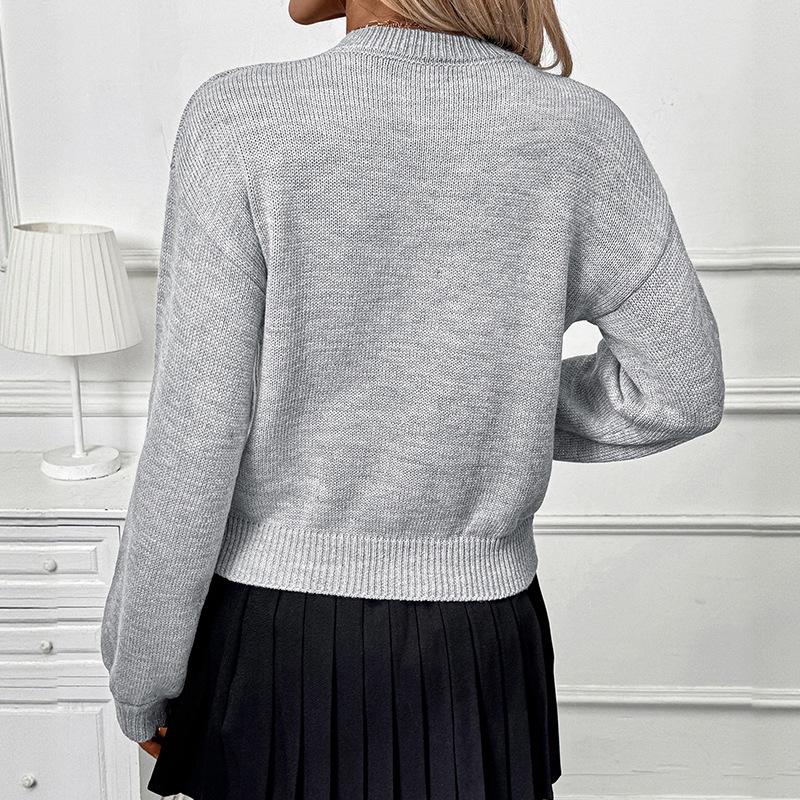 2026 Autumn/Winter Women's Solid Color Flower Sweater - Round Neck & Long Sleeve