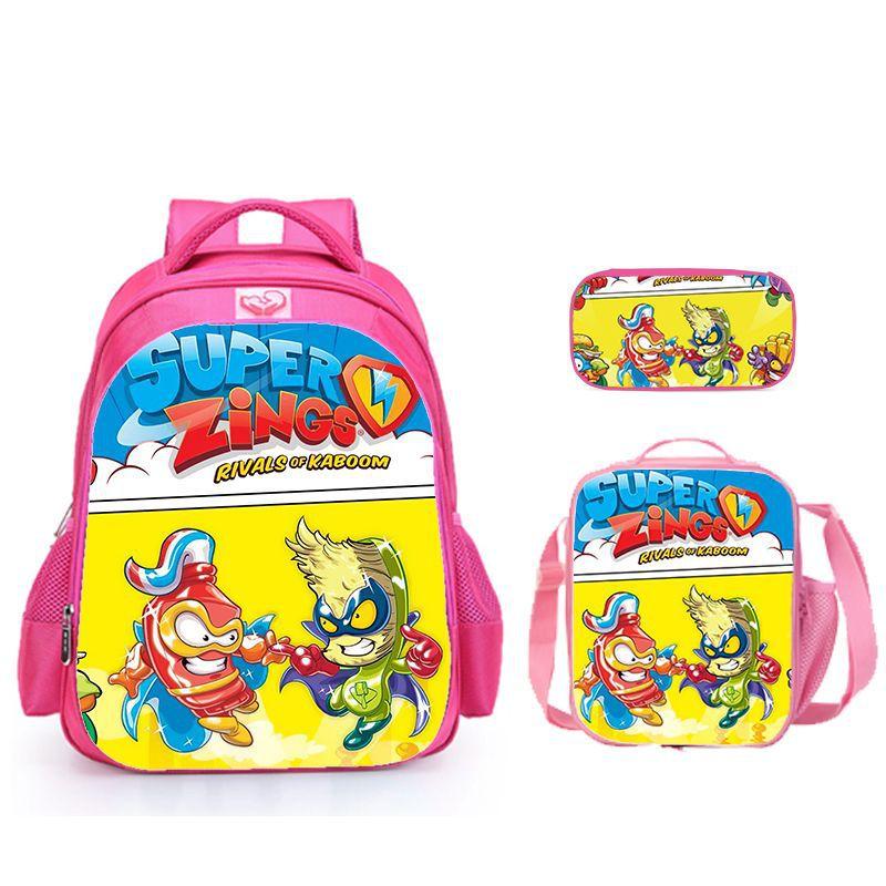 Super Zings Burden Reduction Lightweight School Bag + Meal Bag + Pencil Case Cartoon Printing Pattern - Three-Piece Straight Set