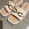 Summer High-heeled Cool Slippers for Women Fashionable Thick Soled Flat Drag Home Anti Slip Simple Gold Buckle