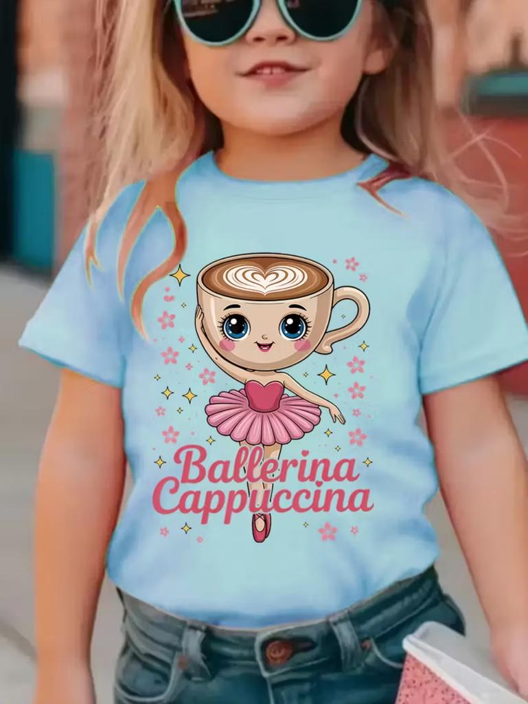 2026 New Style Ballet Dancer Cappuccino Girl Print Summer Fashion Short Sleeve Cute Children's Short T-Shirt