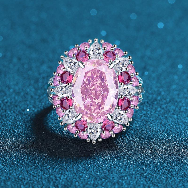Hai Rui Women s S925 Sterling Silver Open Ring with Ice Pink and Padparadscha Red High Carbon Diamonds Adjustable