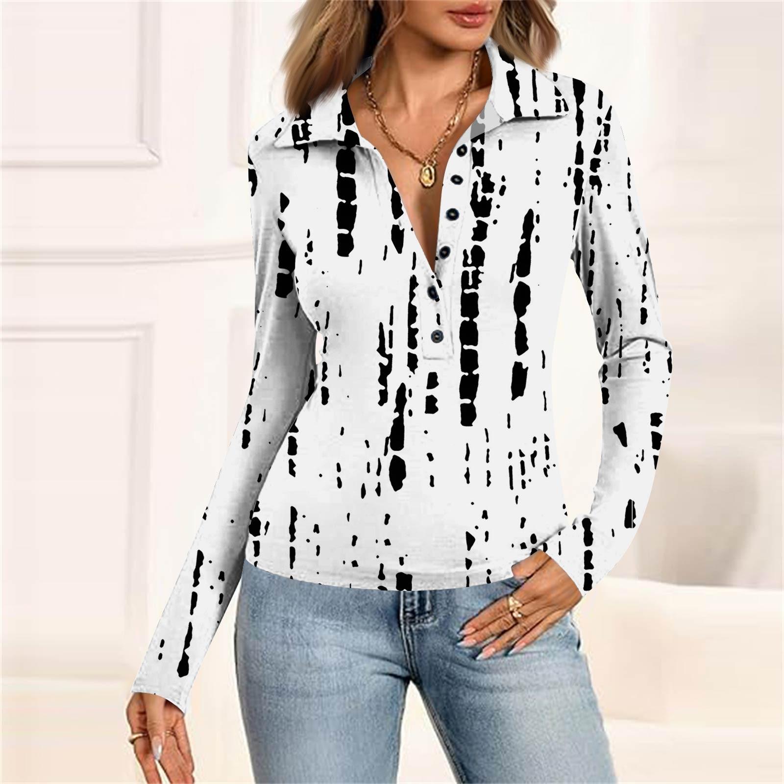 

Женская мода Повседневный принт V-образный вырез Длинный рукав Застегивающаяся на пуговицы блузка L белый
