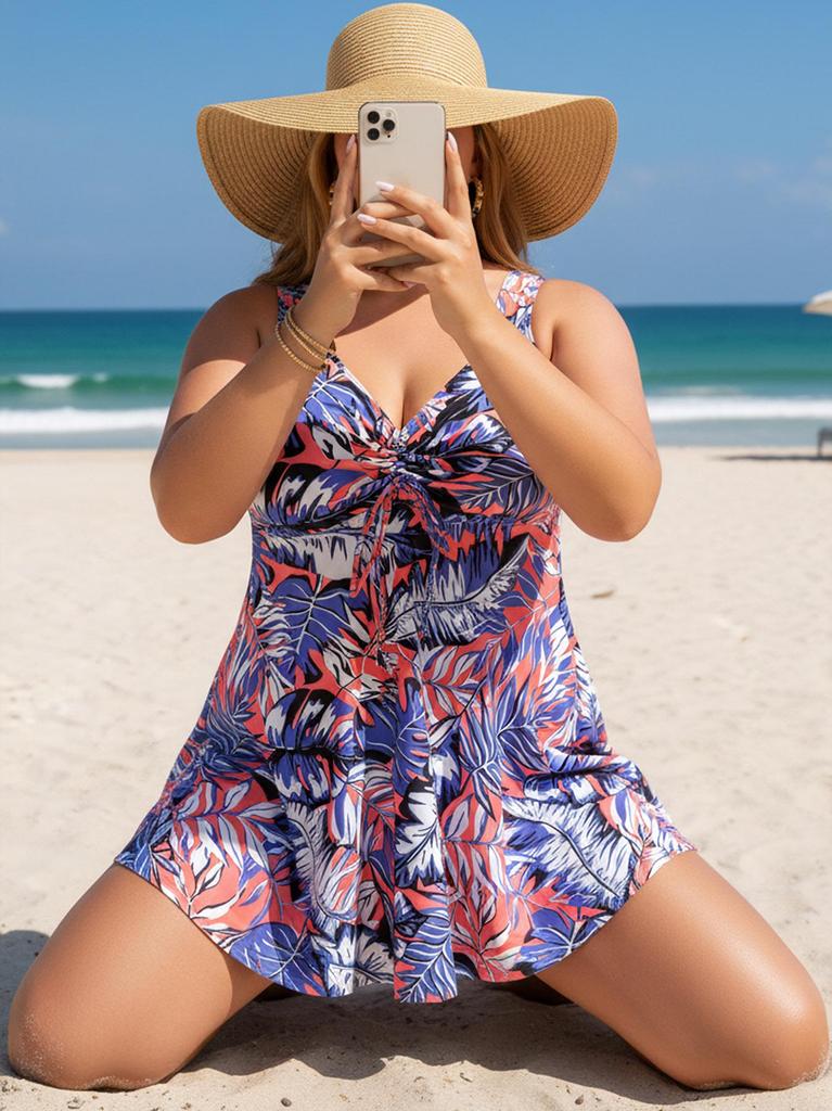 Europäischer & Amerikanischer Plus Size Tankini: Damen blauer roter Badehosenrock & bedruckte Badehose