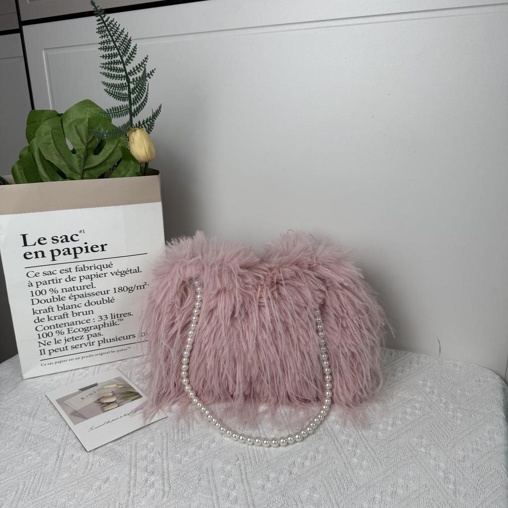 Luksusowa damska pluszowa torebka crossbody z łańcuszkiem z pereł na jesień/zimę