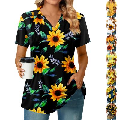 Women's Pleated V-neck Short Sleeved Sunflower Print T-shirt Business Casual Shirt