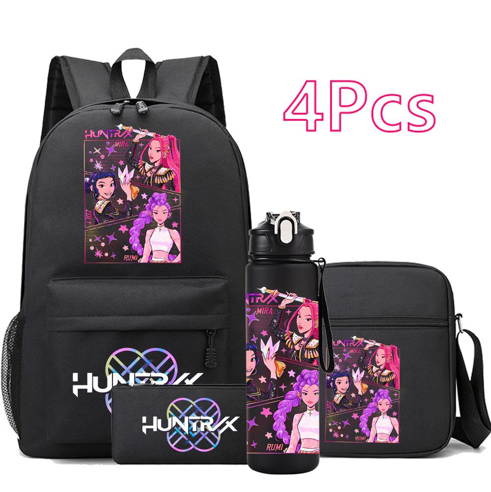4Pcs/set Anime Demon Hunters Printed Backpack Bookbag Shoulder Bag Case Bag with 750Ml Water Bottler for Boy Girl Large Capacity Schoolbag