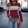 Ladies Autumn Winter Long Sleeve O Neck Ribbed Color Block Loose Pullover T Shirt Top