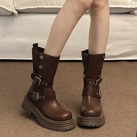 Brown retro thick heel thick-soled Martin boots women's new autumn and winter British style slimming and heightening medium boots