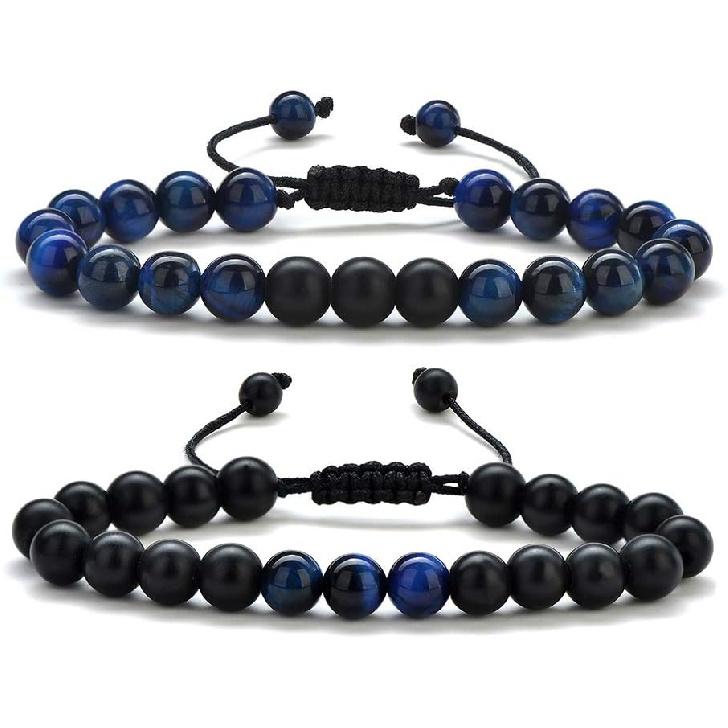 M MOOHAM Mens Bracelet - Beaded Natural Stone 8mm Tiger Eye Matte Agate Lava Rock Bracelets for Men Teen Boys Grandpa Dad Birthday Gifts Jewelry
