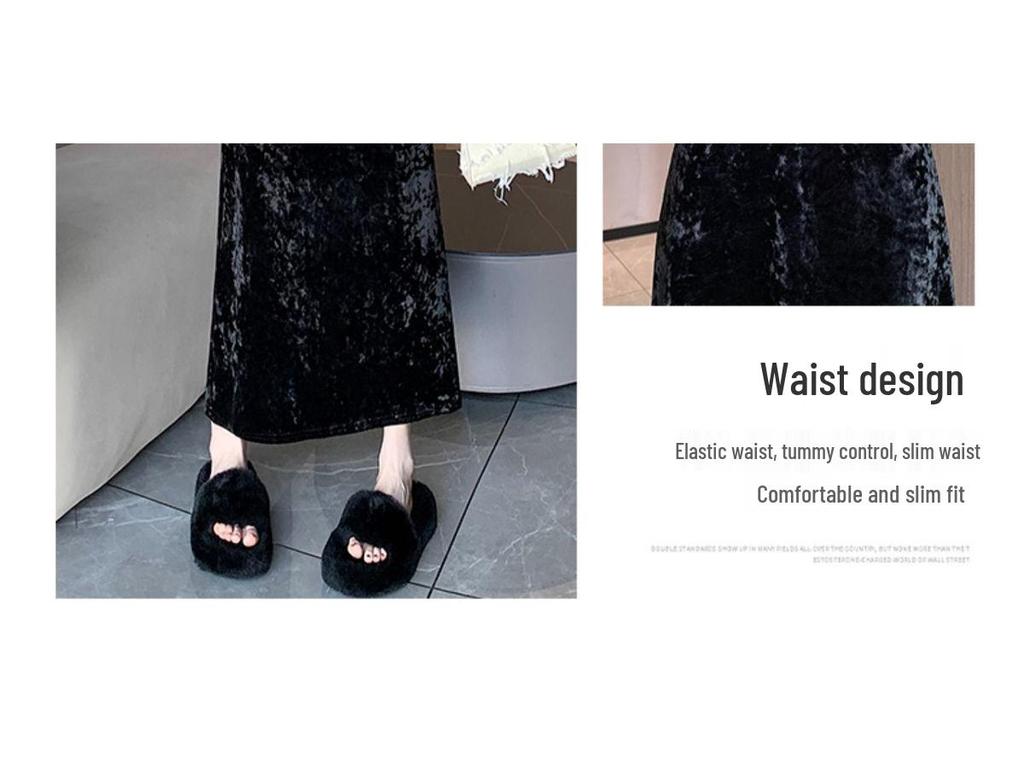 2025 Retro Gold Velvet Midi Skirt: Thickened, Slim, Mid-Length Slit for Autumn/Winter, Perfect for Halloween