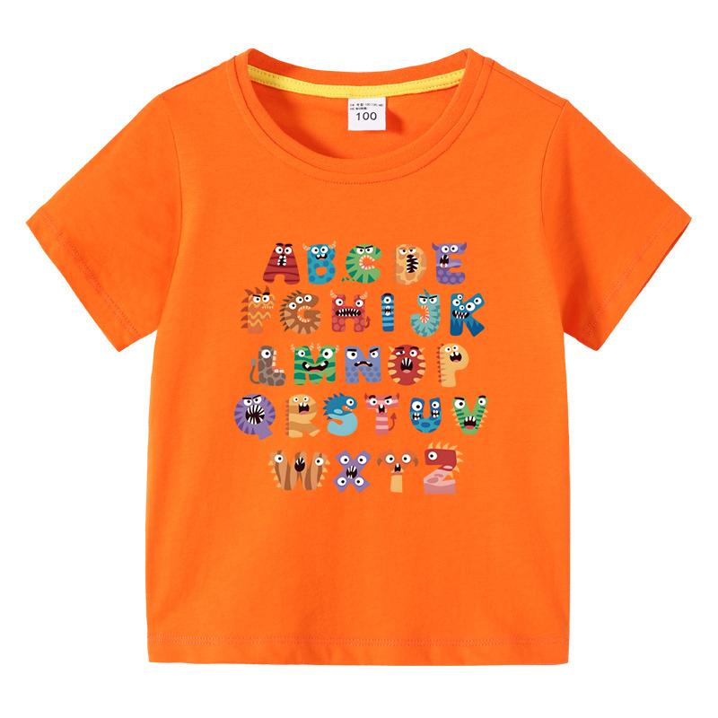 Boys Girls TShirt 26 Letters Print Black 100 Cotton Short Sleeve Tee Soft Casual Summer Tops for Kids Children