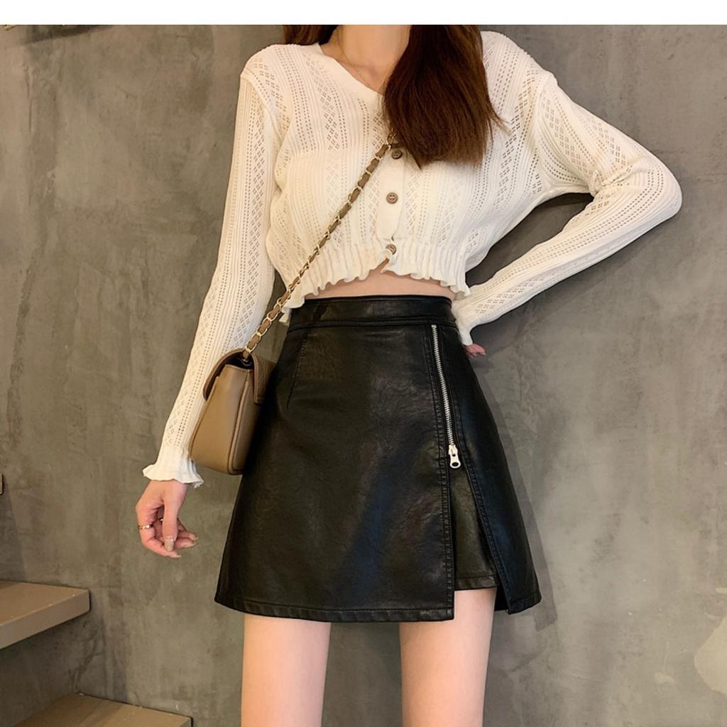 Versatile skirt children's spring and autumn fashion zipper PU leather skirt, thin high-waisted a-word culottes