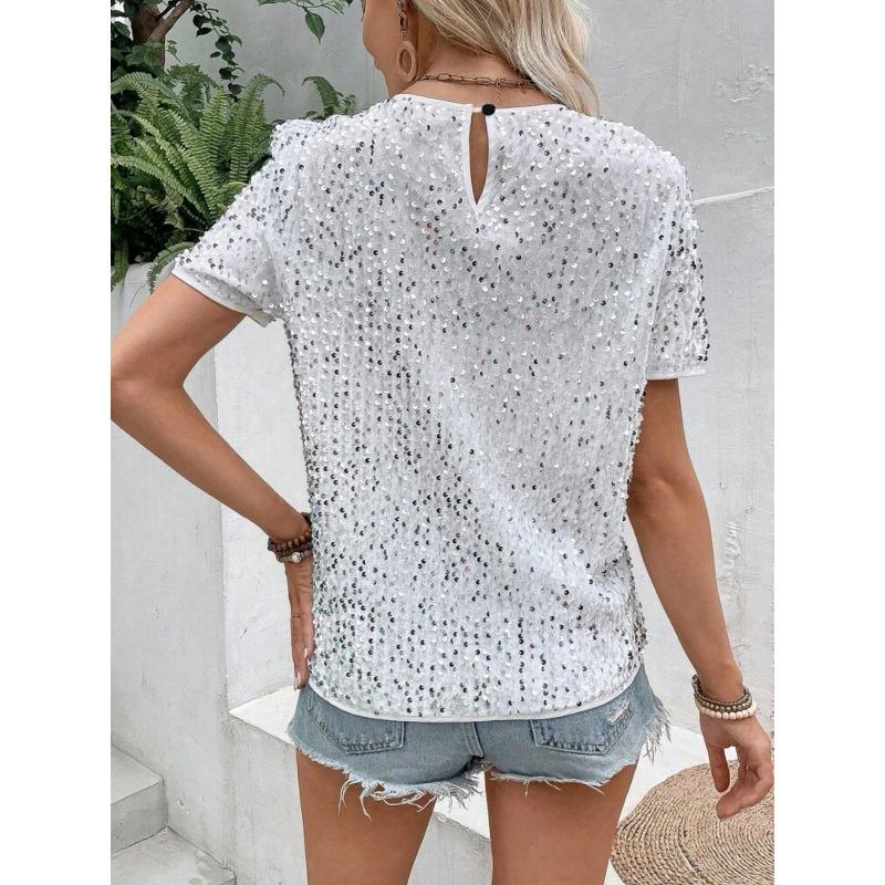 Sequined Crew Neck Summer Women Blouse Commuter Loose Short Sleeved Top Women's Casual Elegant T-shirt Fashion Simple Streetwear Sweet Simple Shirts