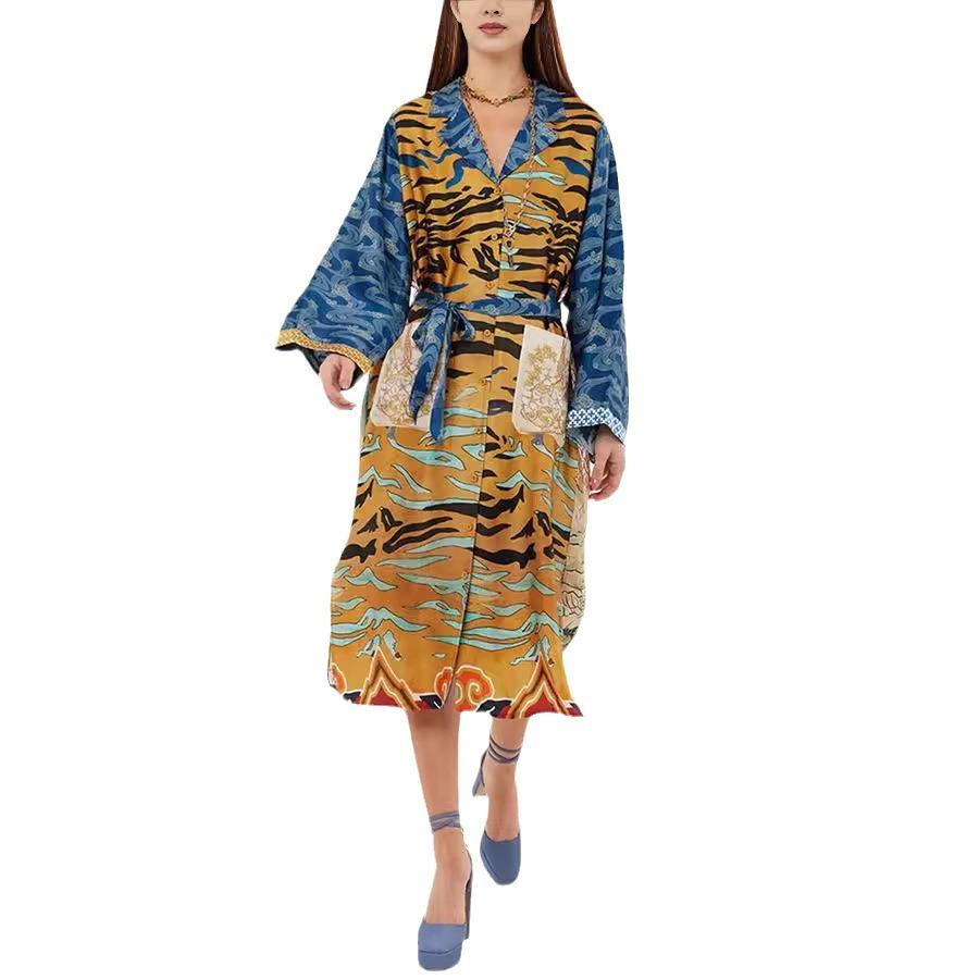 

Женское платье-кардиган с принтом, креативной шнуровкой и длинными рукавами, с карманом XL