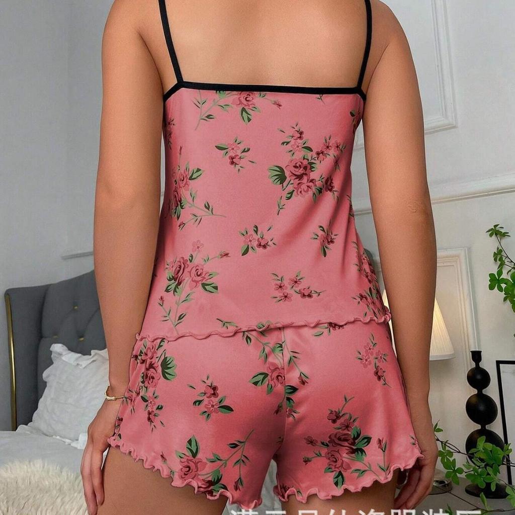 Shein Floral Print Milk Silk Women's Pajamas Set - Camisole & Shorts