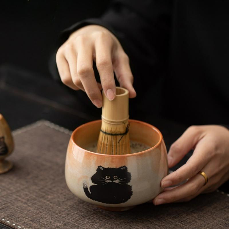 Japanese Matcha Set Portable Ceramic Tea Set Cute Cat Traditional Matcha Bamboo Whisk Scoop Matcha Bowl Ceremony Teaware Set