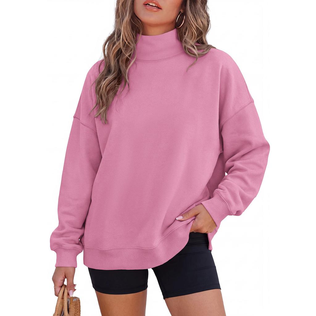 Modischer High-Neck-Hoodie für Damen, locker geschnitten, mit tief angesetzten Schultern, geschlitztem Saum und Taschen