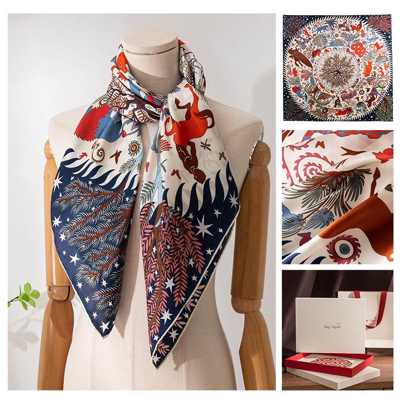 

Женский шарф из 100% шелка тутового дерева с винтажным принтом - Элегантная защита от солнца и согреватель для шеи 110x110 cm