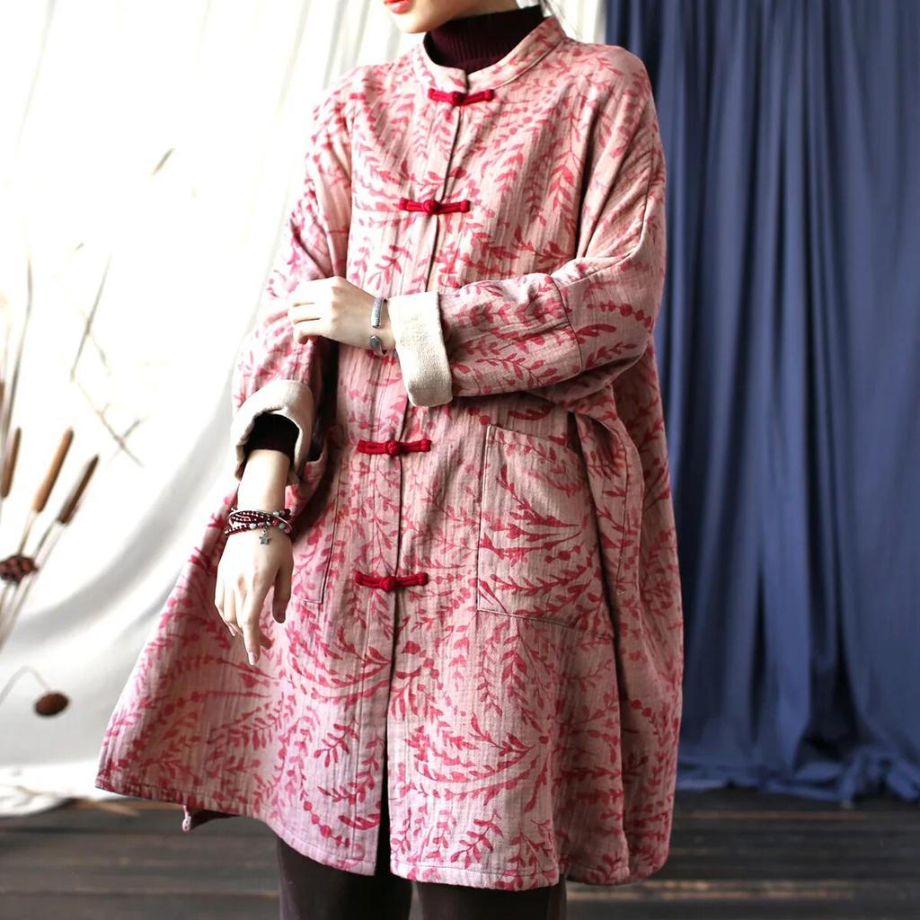 Johnature Damski rękaw w kształcie skrzydła nietoperza w stylu vintage, dekolt w kształcie litery "o", guziki do płaszcza, patchworkowe kieszenie, wiosenny nadruk, kwiatowe kurtki