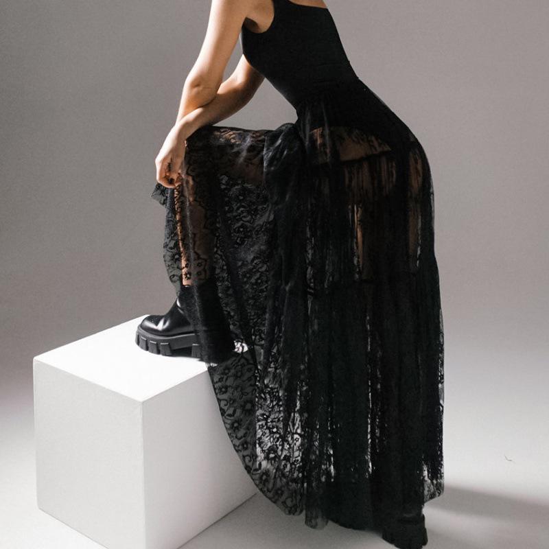 

Элегантная черная кружевная юбка-макси с высокой талией — сексуальная и шикарная европейская и американская мода 2024 года Large