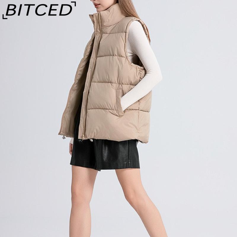 BITCED Women's Autumn/Winter Sleeveless Cotton Coat Mid-Length Stand Collar Thermal Down-Filled Cotton Vest Thickened Waistcoat Outerwear
