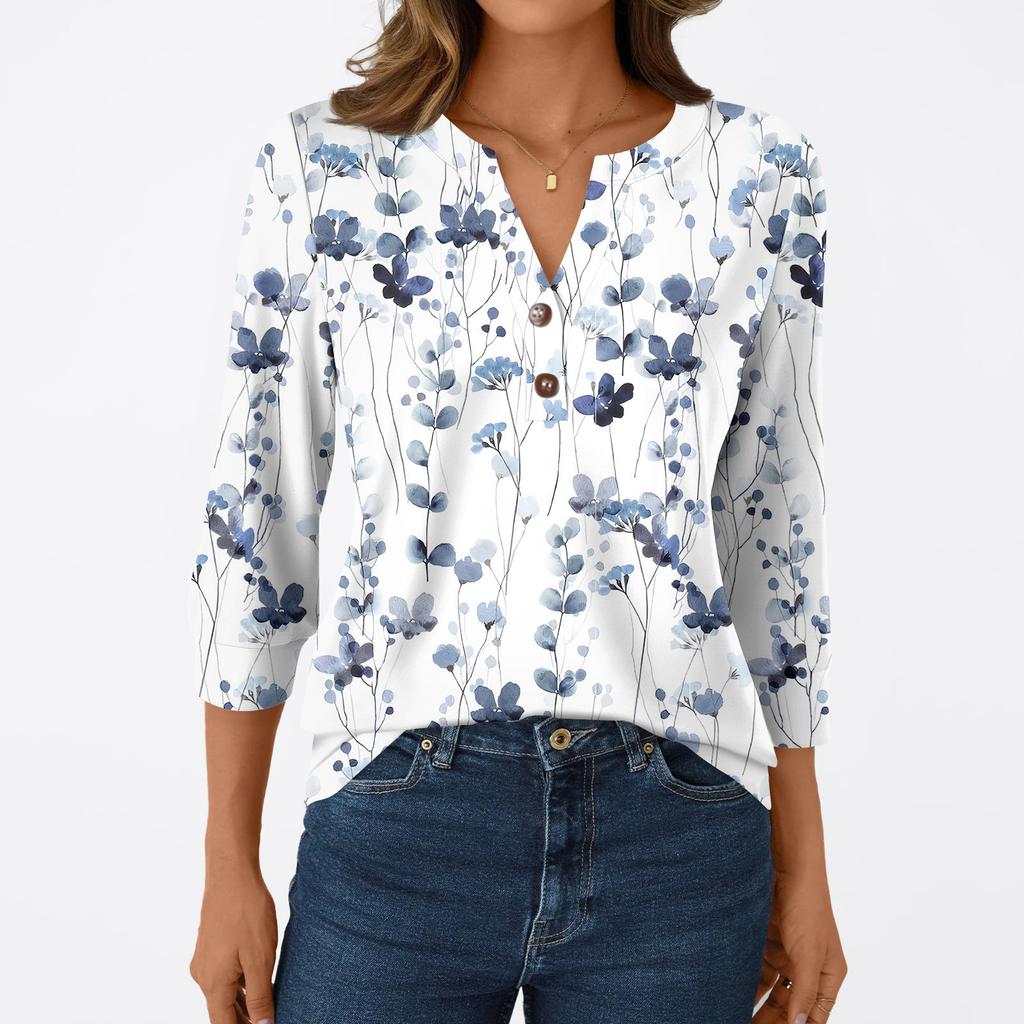 Women's Fashion Casual 3/4 Sleeve T-Shirt Prints V-Neck Button Top