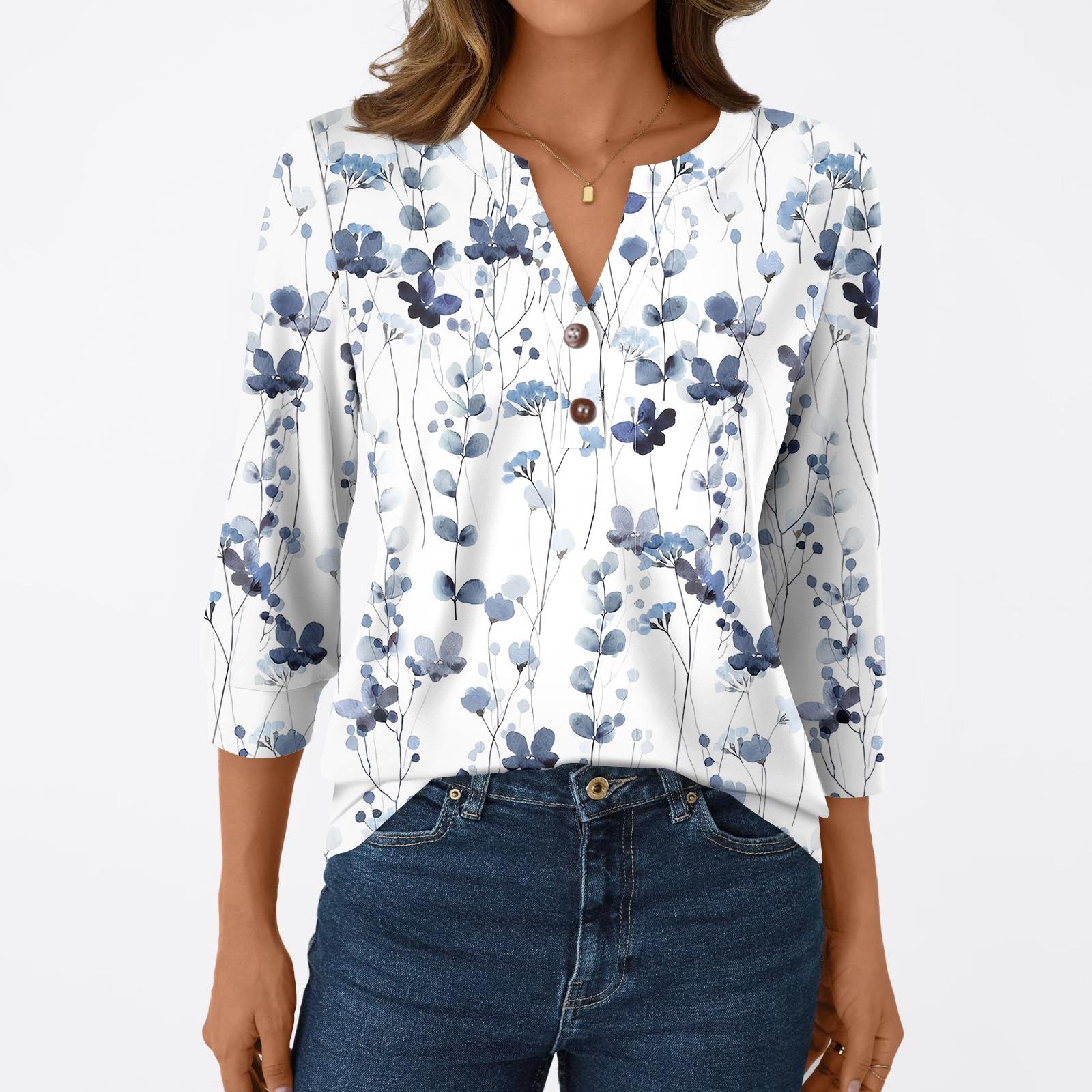 

Женская модная повседневная футболка с рукавом 3/4, с принтами, V-образным вырезом и пуговицами L белый