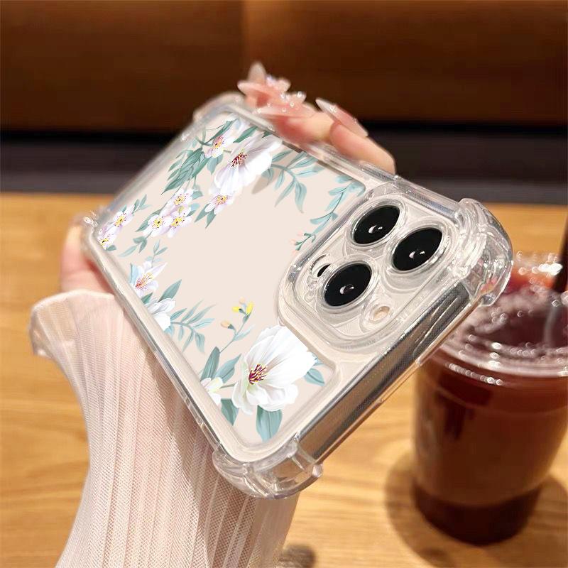 Floral Print Clear Slim Shockproof Case For iPhone 16 Pro 16E 15 Pro Max 14 13 12 11 Anti-Fall Soft Silicone Transparent Phone Cover