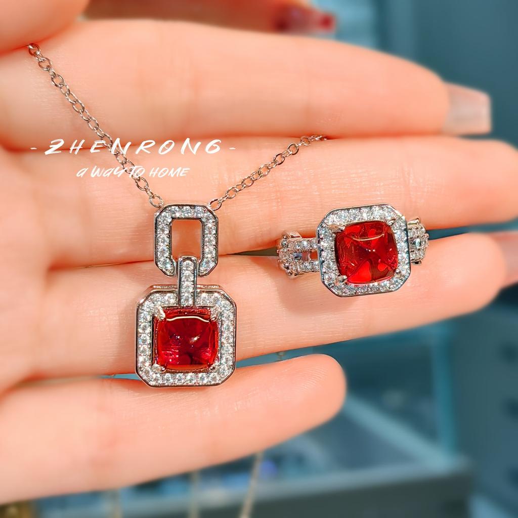 Fashion Luxury Colored Treasure Sugar Tower Ring High Carbon Diamond Premium Pendant Necklace Earrings Earrings Set Women