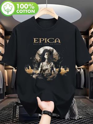 Men's Black T-shirt with Epica Band Logo and Mythical Female Pattern, Casual Wear for Music Fans and Daily Wear