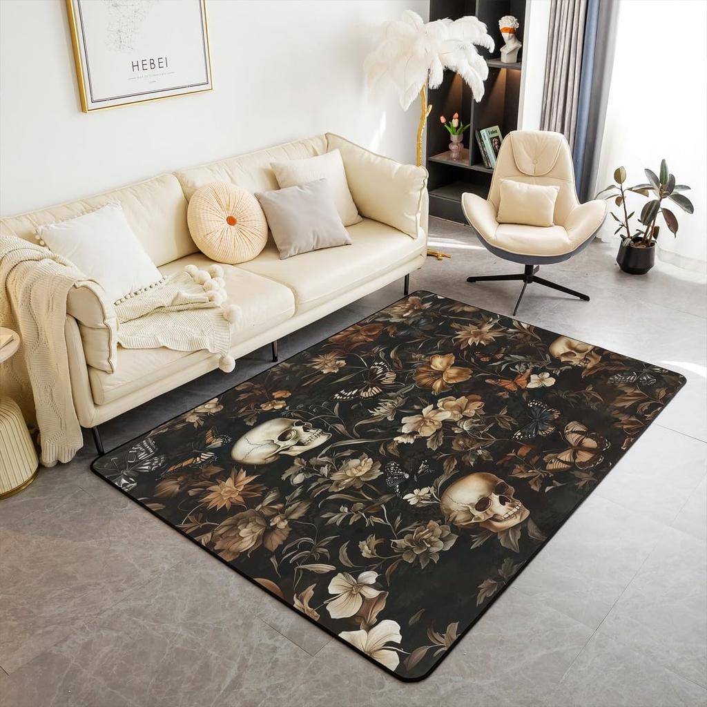 Cute Black Bat Large Area Rug 5x7, Floral Plant Leaves Living Room Rug, Starry Sky Moon Galaxy Rugs for Bedroom Boho Exotic European Style C