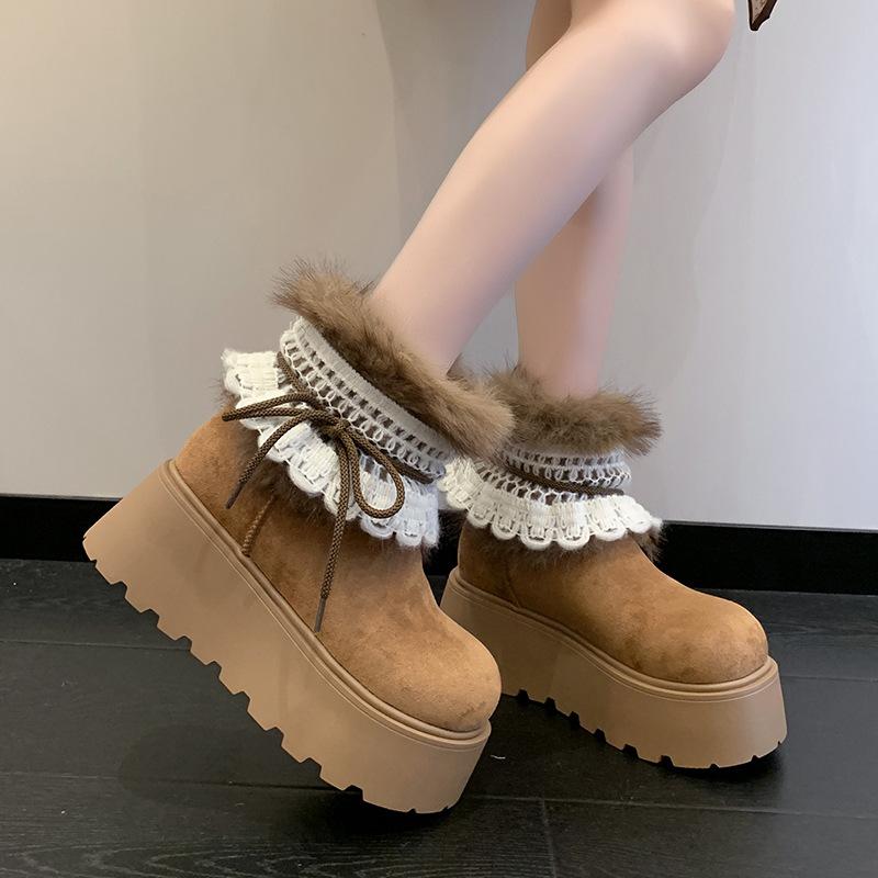 Women's thick bottom hairy mouth butterfly lace fashion winter lightweight warm anti cold snow boots non-slip casual sneakers cotton boots
