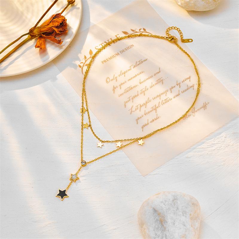 

Gold Plated Layered Star Lariat Necklace, Dainty Double Chain Enamel Star Pendant Y-Necklace, Boho Cute Jewelry for Women Gift золотий