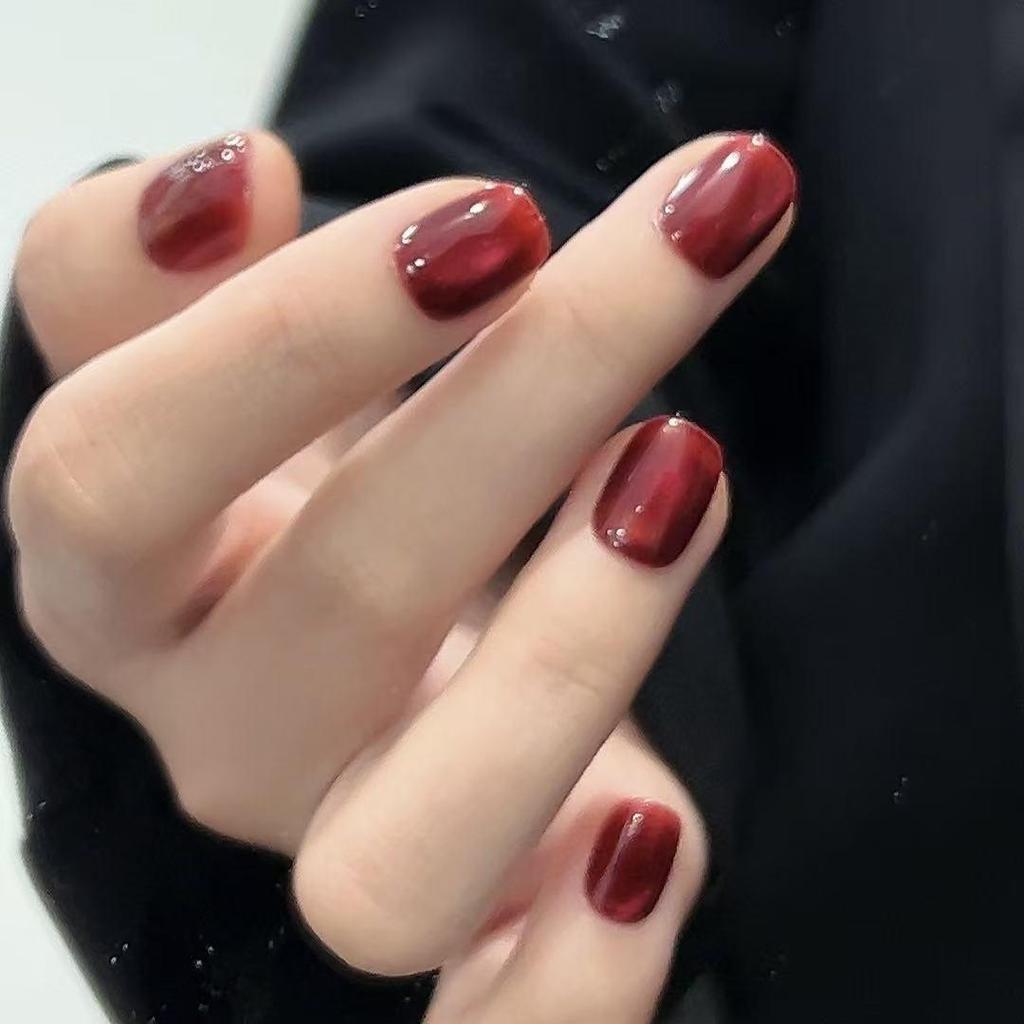 New Year Red Crystal Cat Eye Handmade Short Nail Art Stickers with Glass Beads - Bridal Style