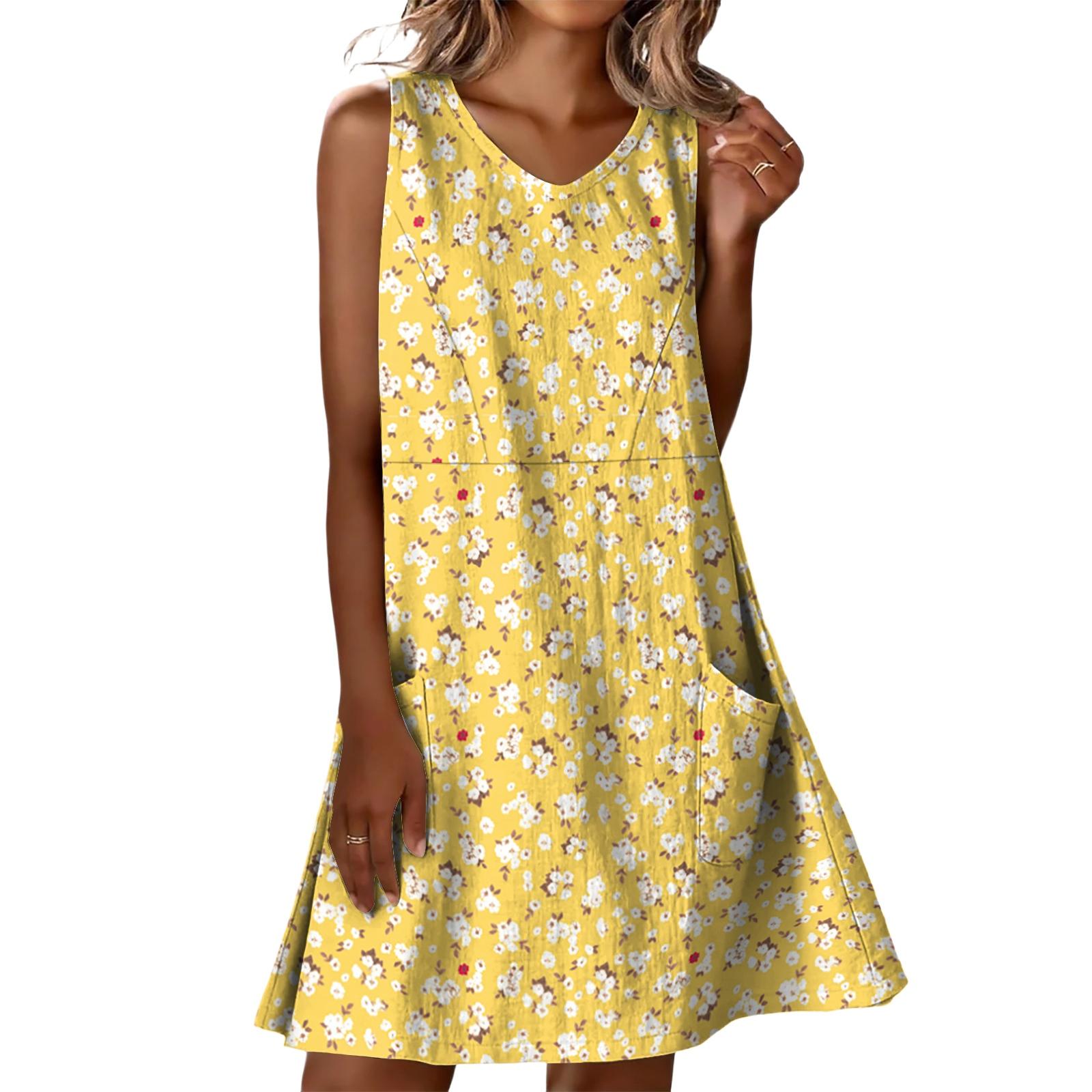 

Sleeveless V Neck Casual Dress with Leaf Print Relaxed Fit Lightweight Material and Side Pockets for Women L жёлтый
