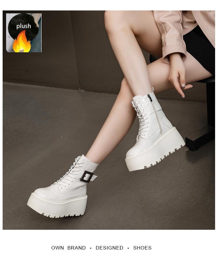 Fashion 8cm Genuine Leather Ankle Boots Platform Wedge Chunky Sneakers Mid Calf Booties Autumn Winter Zipper Plush Women Shoes