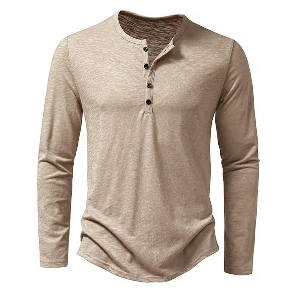 Autumn New Men'S Cotton Button Long Sleeve  Henley Neck T-Shirt Casual Solid Color Breathable Versatile Fashion Slim T-Shirts