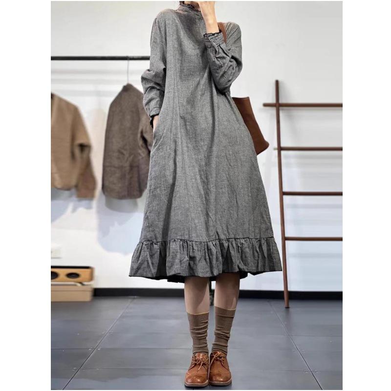 2025 spring new retro loose casual fashion pleated splicing high-end temperament thousand bird grid dress