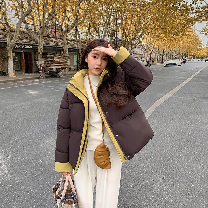 Down cotton clothes women's short stand-up collar loose contrasting colors thickened loose warm bread clothes jacket