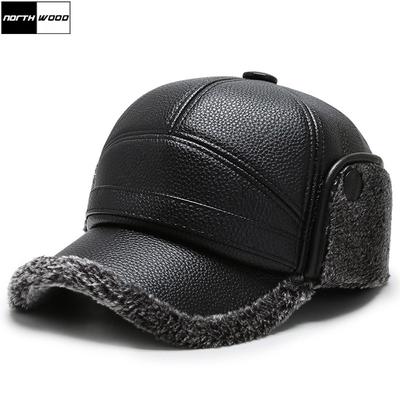 Pu Leather Zimné čiapky Snapback Earflaps Baseball Cap Men Plus Velvet Thickening Mens Cap