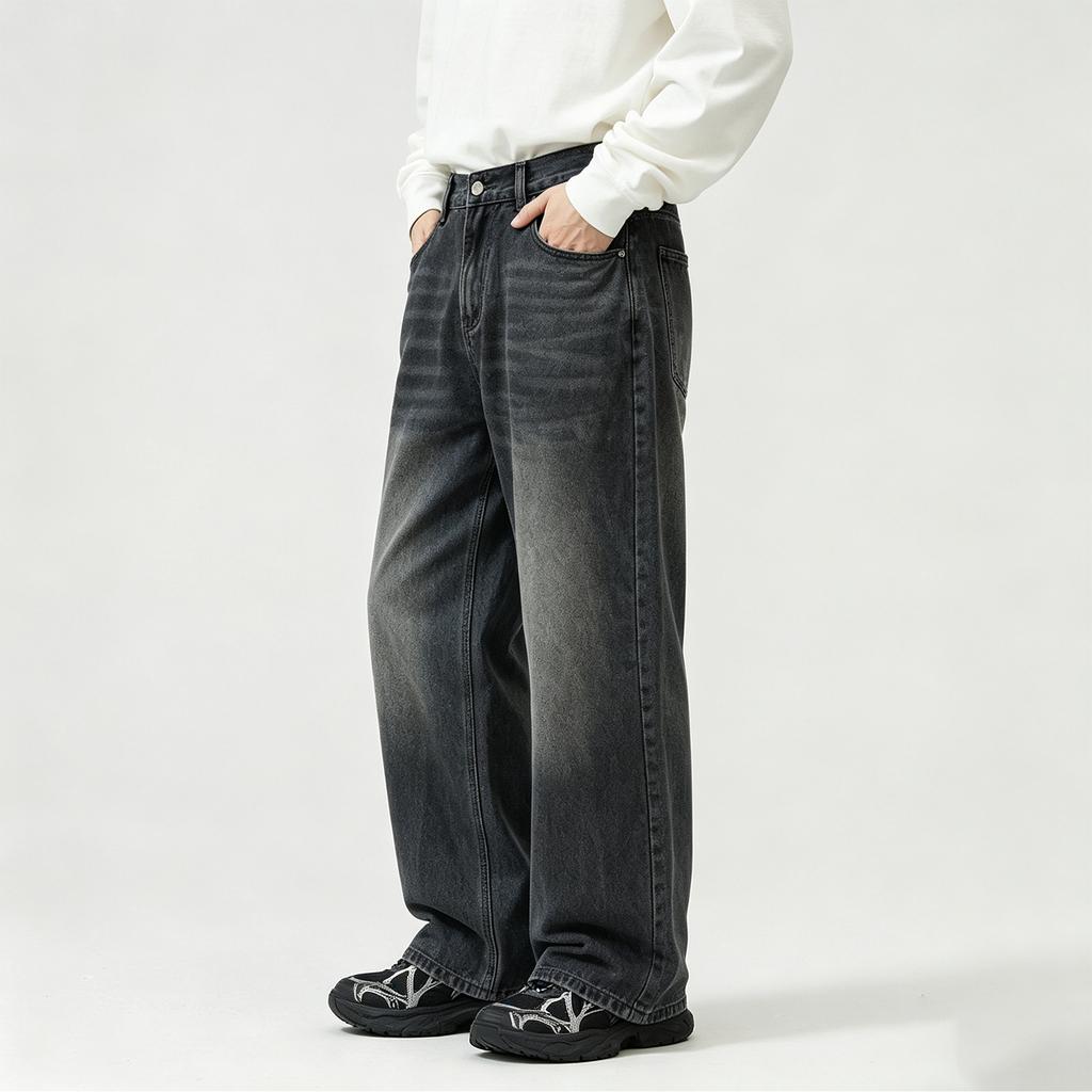 Men's Fashion Retro Straight Leg Jeans with Half Elastic Waist, Wide Leg Denim Pants for Spring and