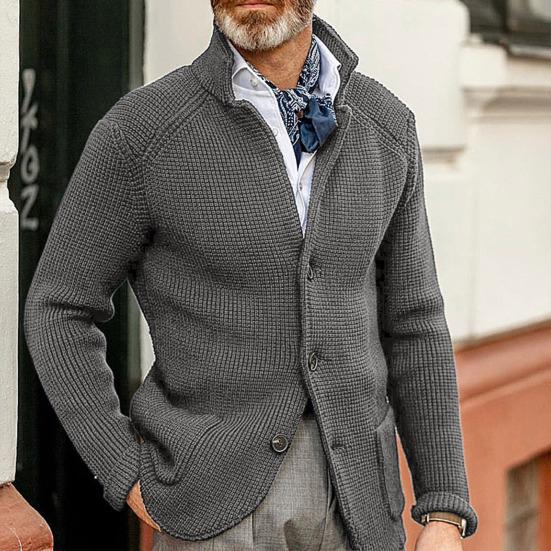 Stand Collar Long Sleeve Pockets Thickened Sweater Coat Men Autumn Winter Solid Color Buttons Placket Knitted Outerwear